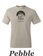 Camping is my happy place printed on mens shirt. Great gift for the weekend camper.