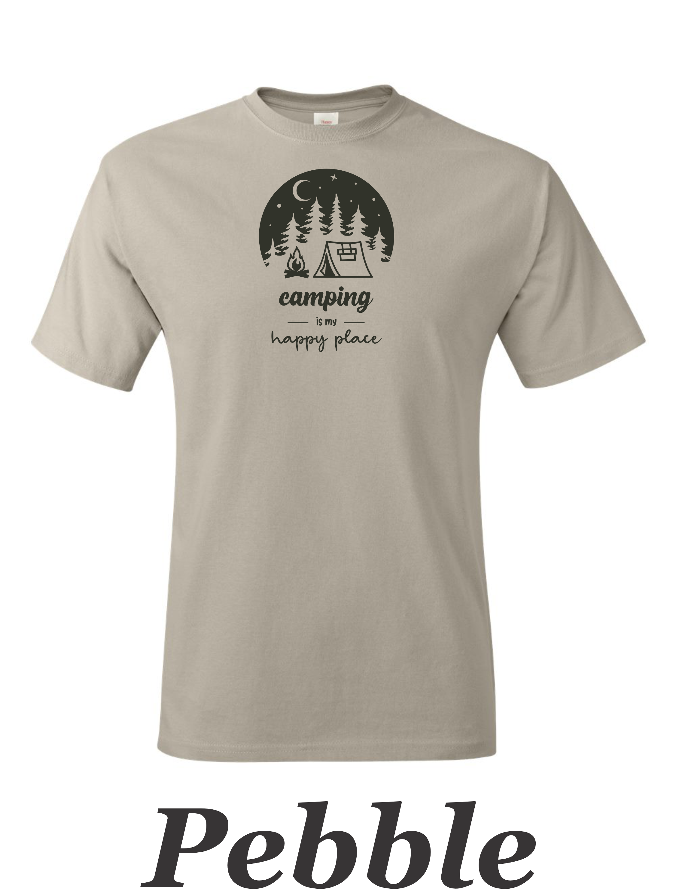 Camping is my happy place printed on mens shirt. Great gift for the weekend camper.