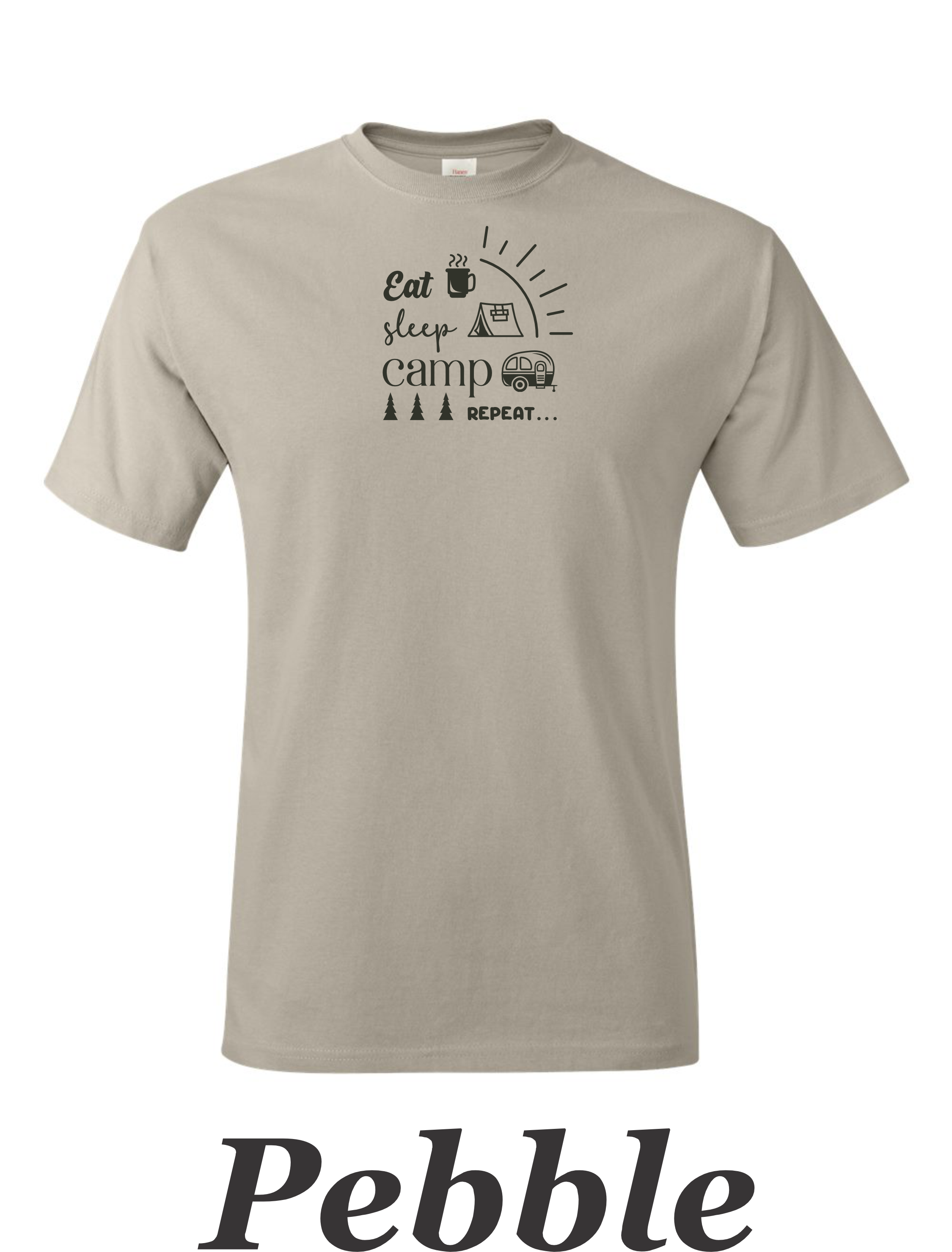 Eat, Sleep, Camp, Repeat print on mens shirt. Great gift for the camper.