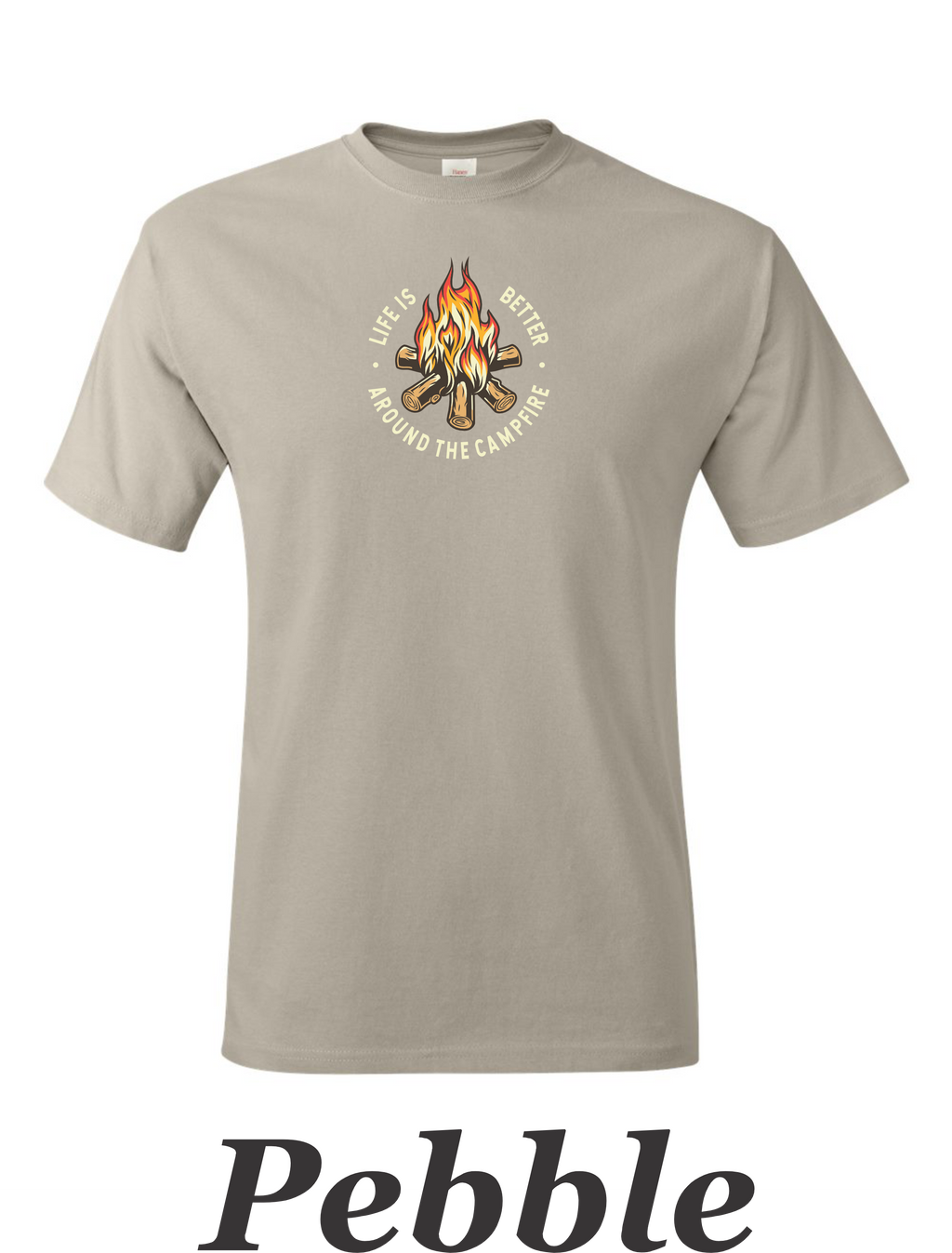 Color drawing of life is better around the campfire print on mens shirt.