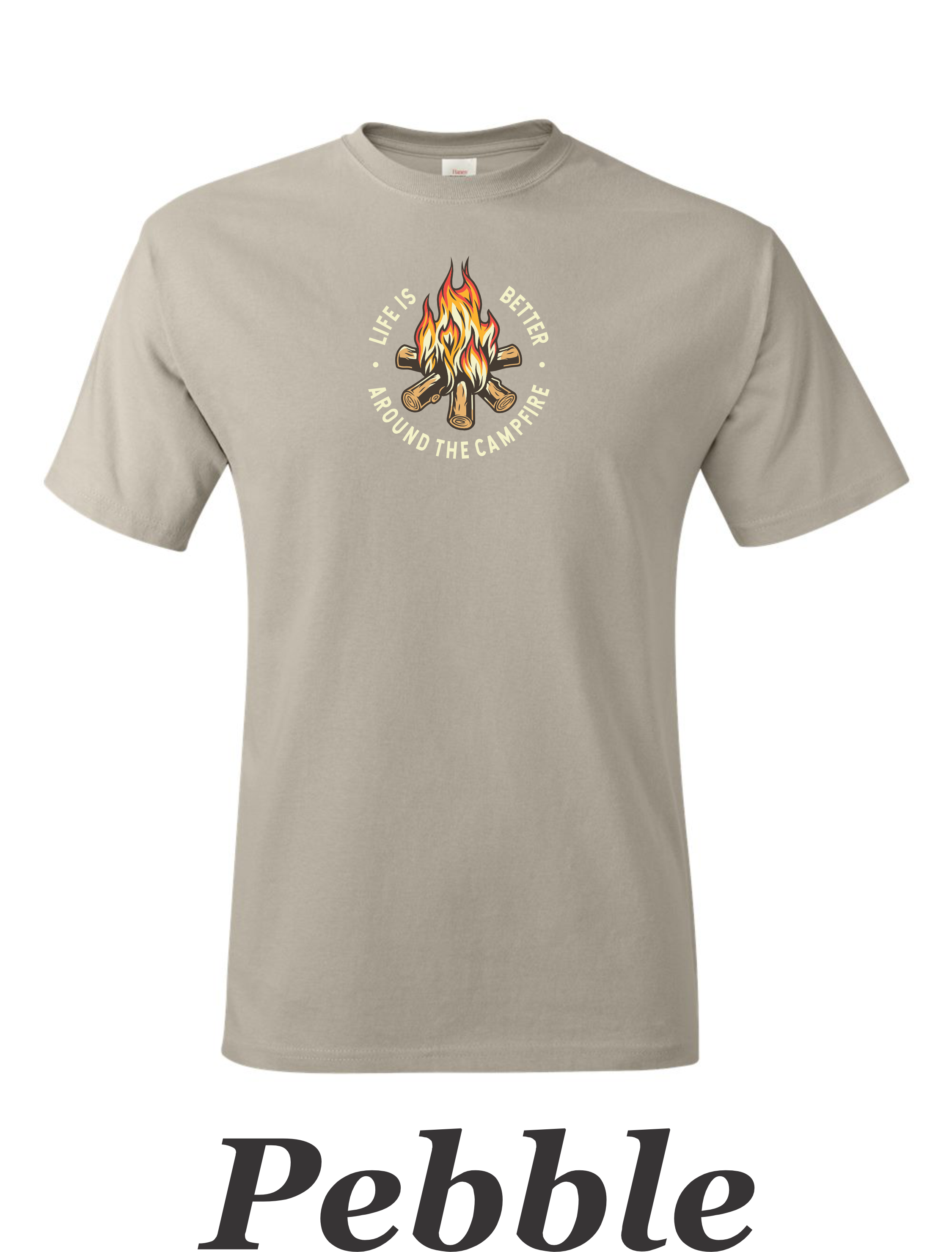 Color drawing of life is better around the campfire print on mens shirt.