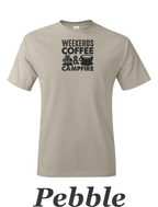 Weekends, Coffee, and Campfires print on mens shirt.  Great gift for his weekend.