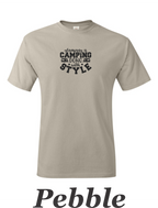 Glamping is Camping done with style printed on mens shirt.