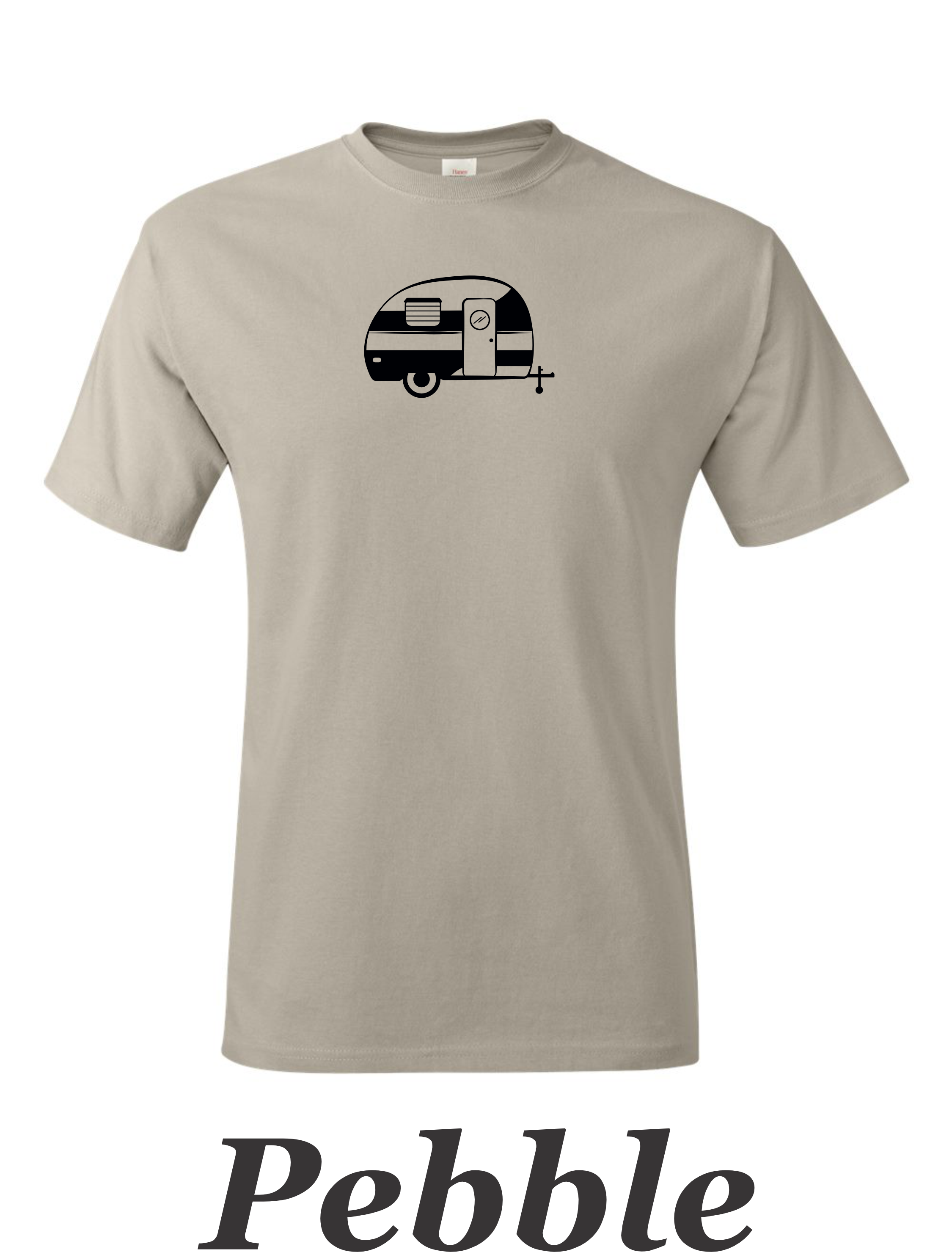 Canned Ham 50-60's trailer drawing print on mens shirt.  Great gift for Shasta trailer fan.