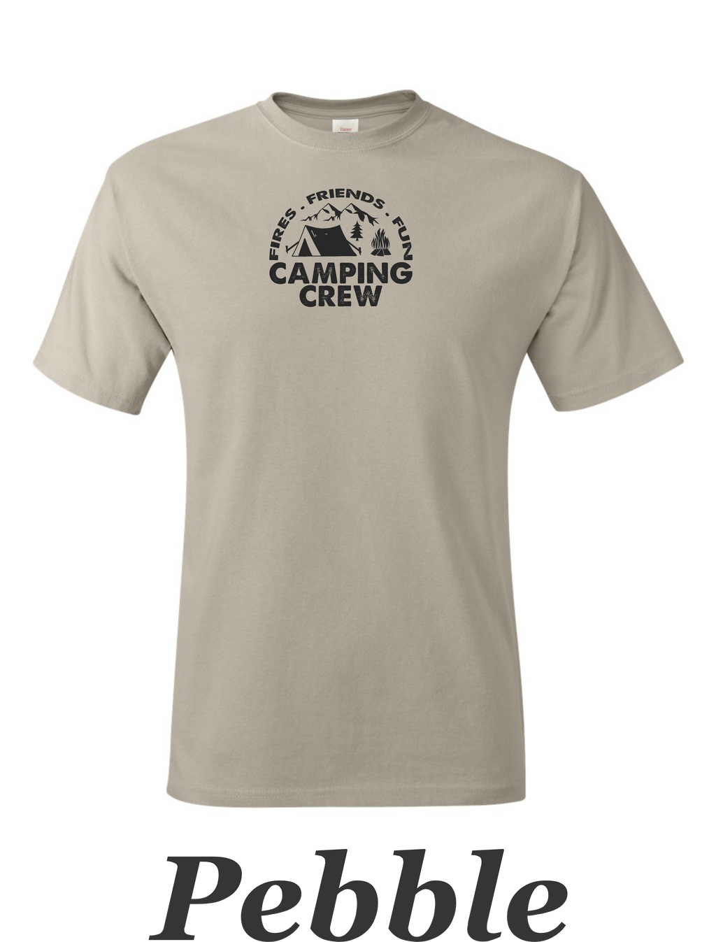 Fire Friends Fun Camping crew print on mens shirt.  Great shirt for group camping.