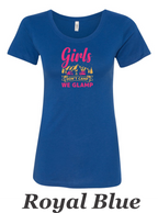 We don't camp We Glamp printed on womens shirt.  Great comping shirt.
