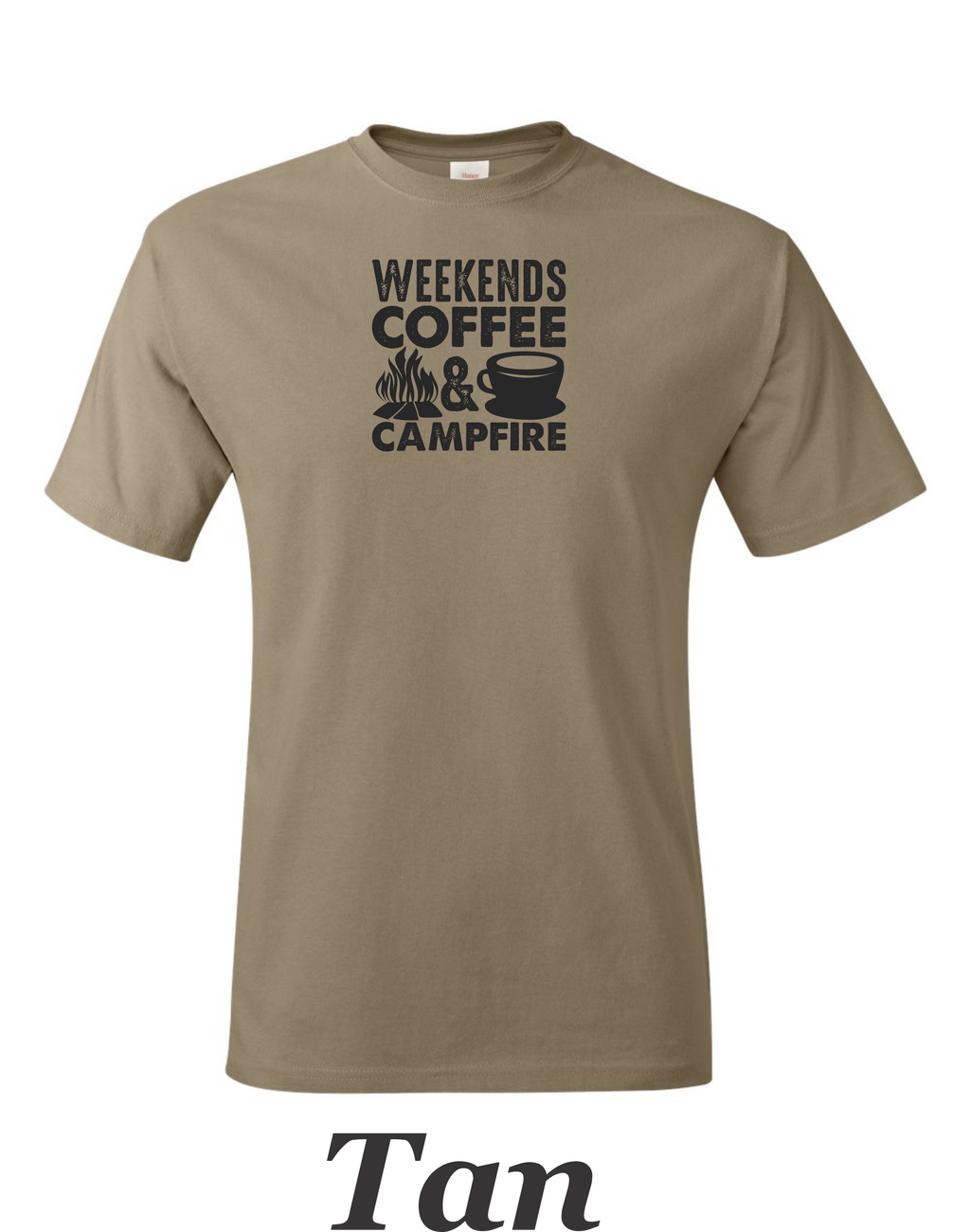 Weekends, Coffee, and Campfires print on mens shirt.  Great gift for his weekend.