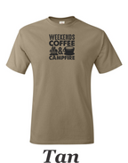 Weekends, Coffee, and Campfires print on mens shirt.  Great gift for his weekend.
