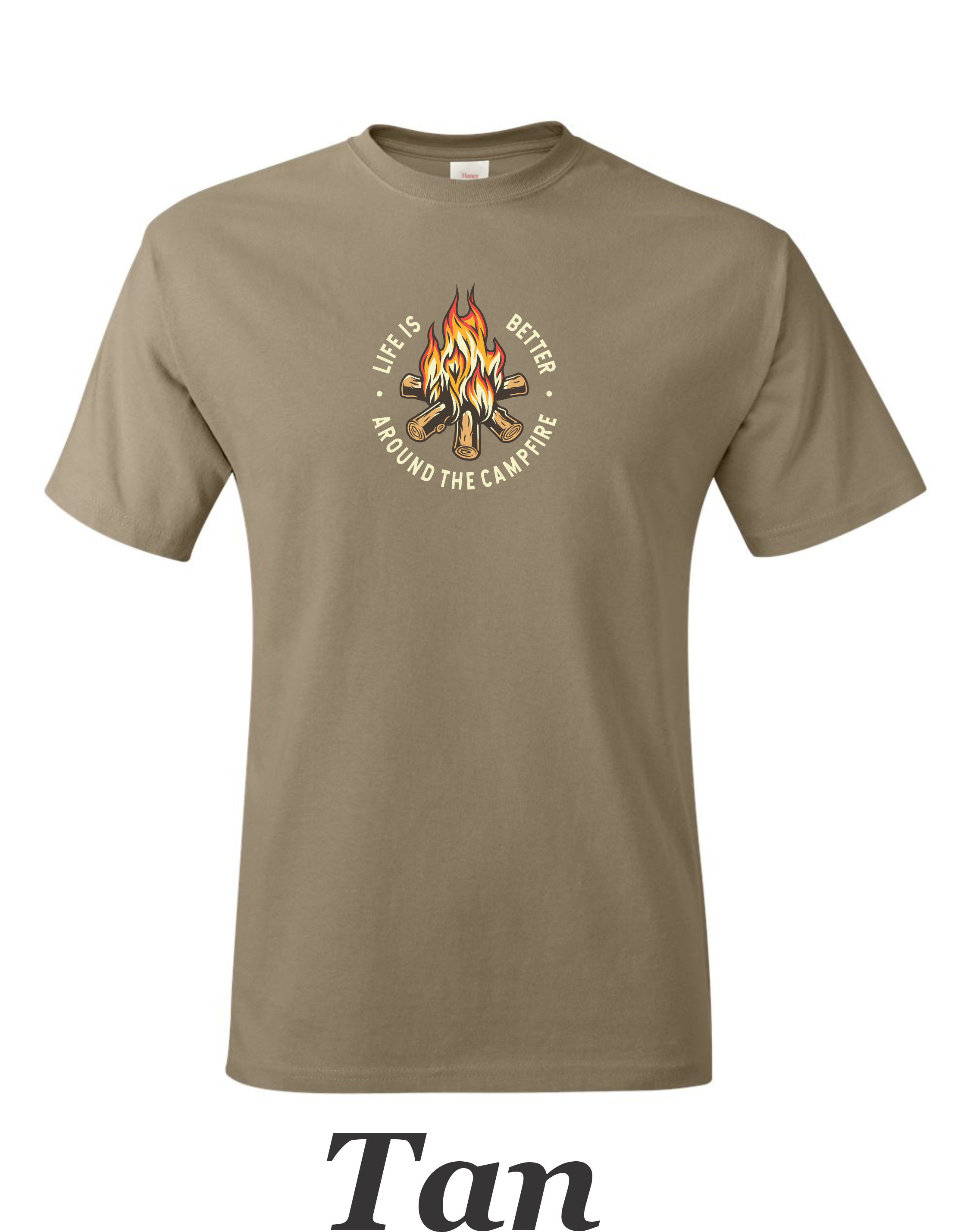 Color drawing of life is better around the campfire print on mens shirt.