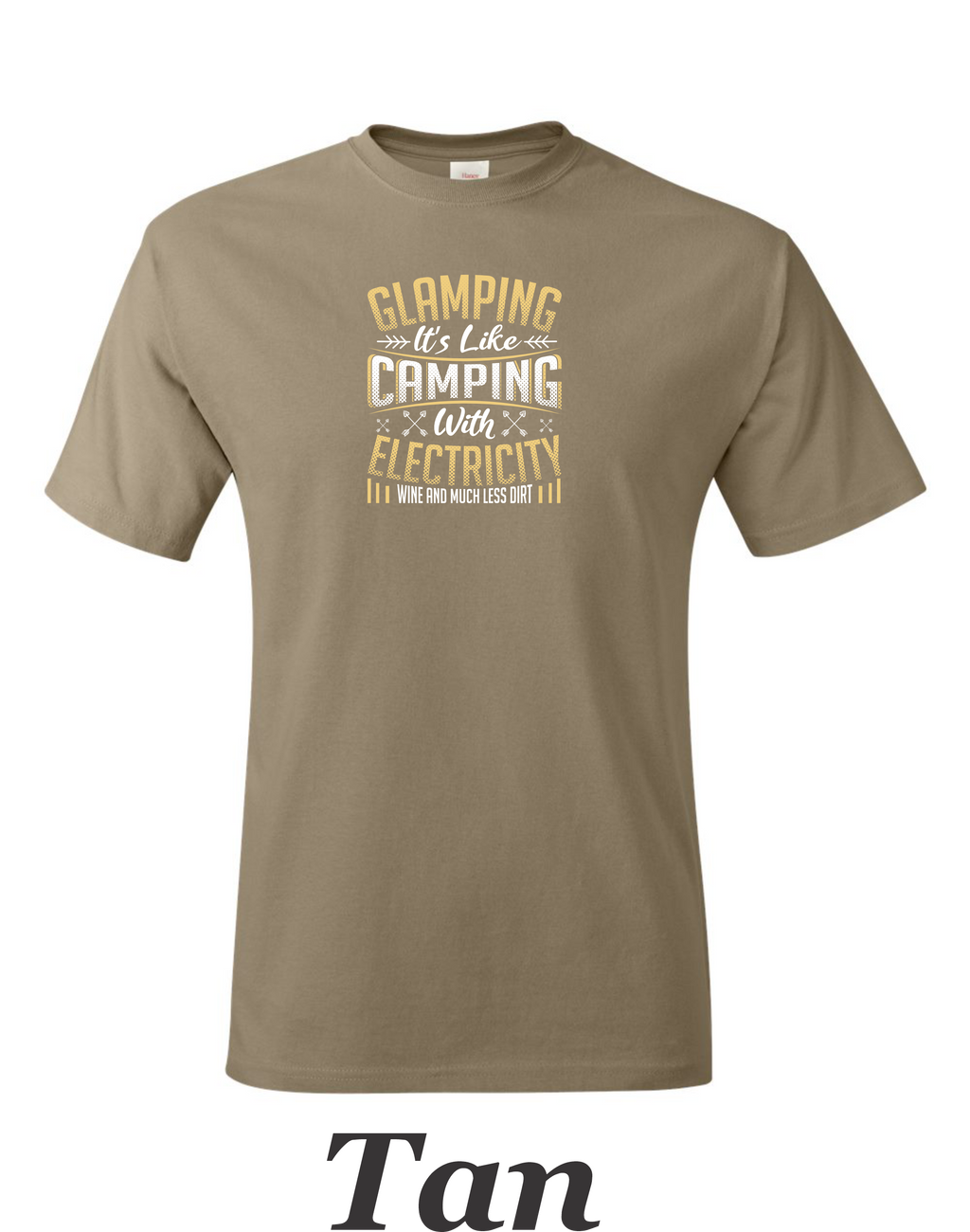 Glamping is like camping but with electricity and wine printed on mens shirt.