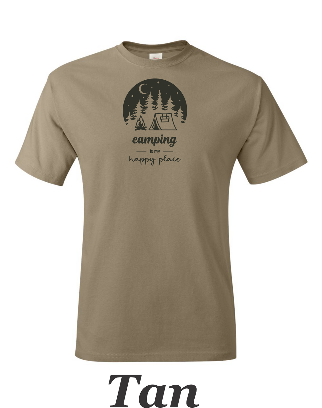 Camping is my happy place printed on mens shirt. Great gift for the weekend camper.