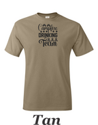 Campfire Drinking Team drawing printed on men's shirt.  Great Camping shirt for Him.