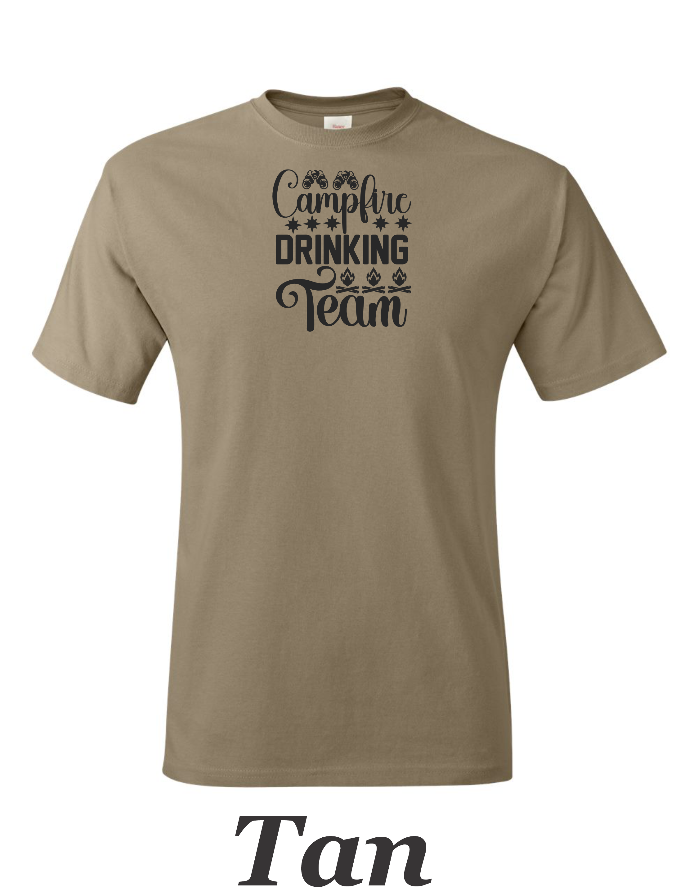 Campfire Drinking Team drawing printed on men's shirt.  Great Camping shirt for Him.