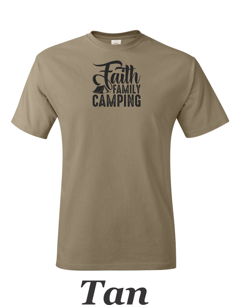Faith Family Camping drawing on mens shirt.  Great shirt for family camping trips.