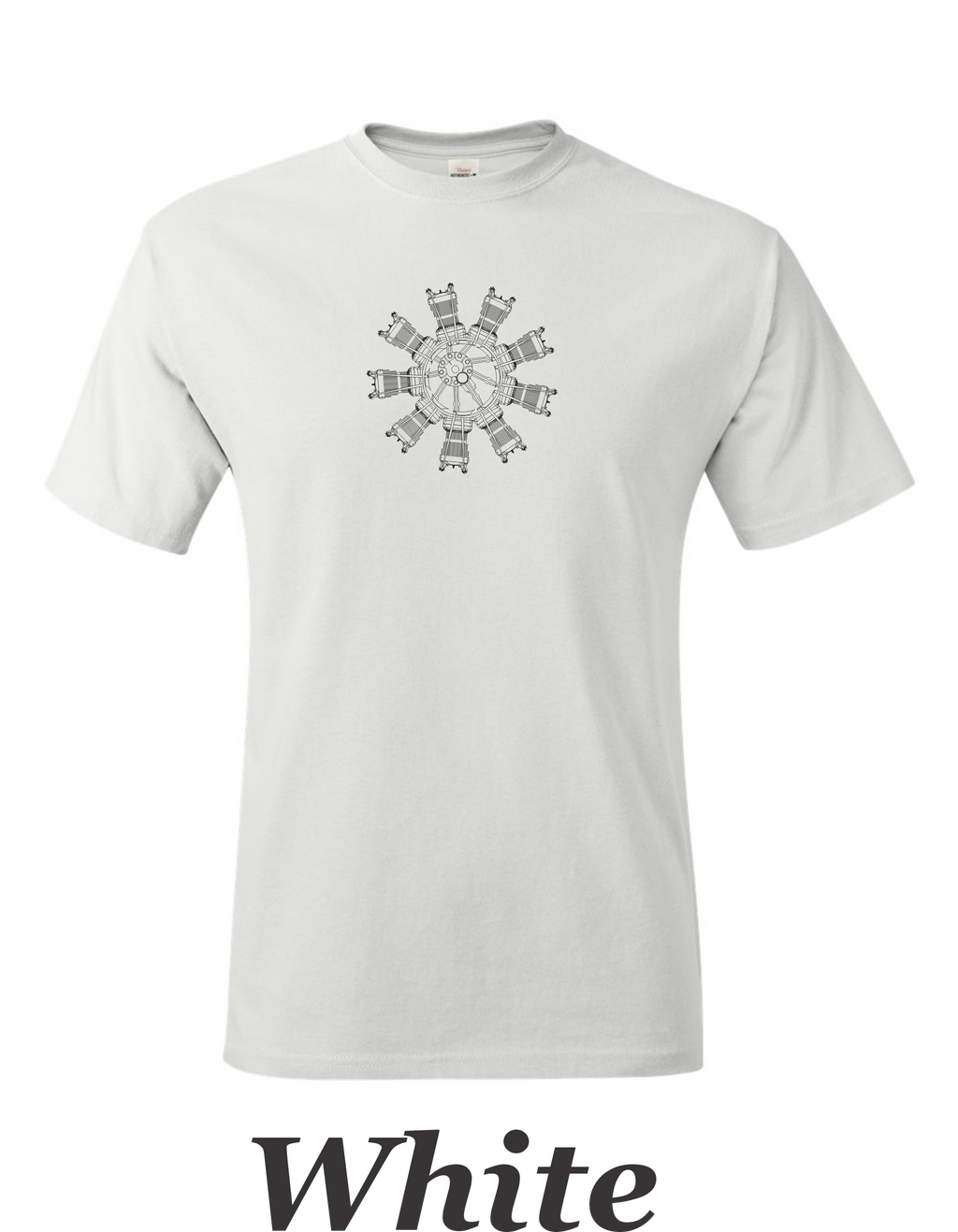 9 Cylinder radial airplane engine printed on men's shirt. Free shipping.