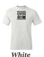 Weekends, Coffee, and Campfires print on mens shirt.  Great gift for his weekend.