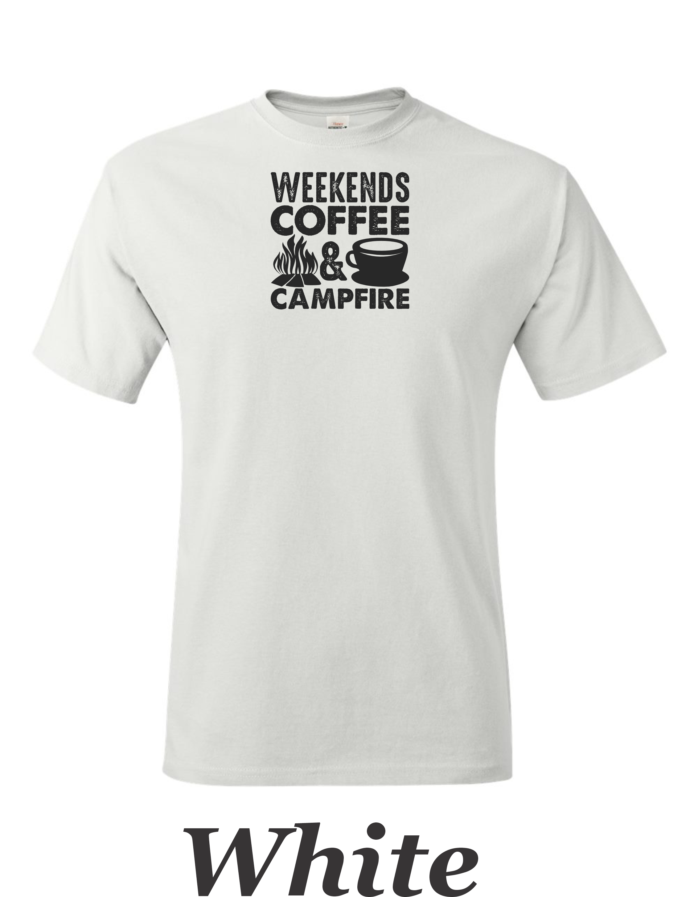 Weekends, Coffee, and Campfires print on mens shirt.  Great gift for his weekend.
