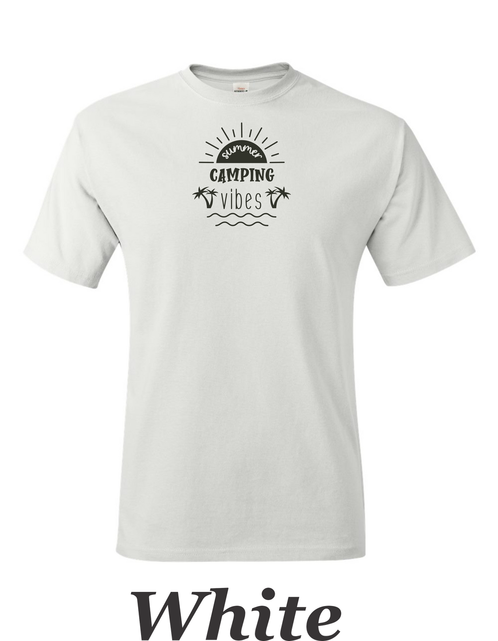 Summer Camping Vibes drawing printed on mens shirt.  Great camping shirt.