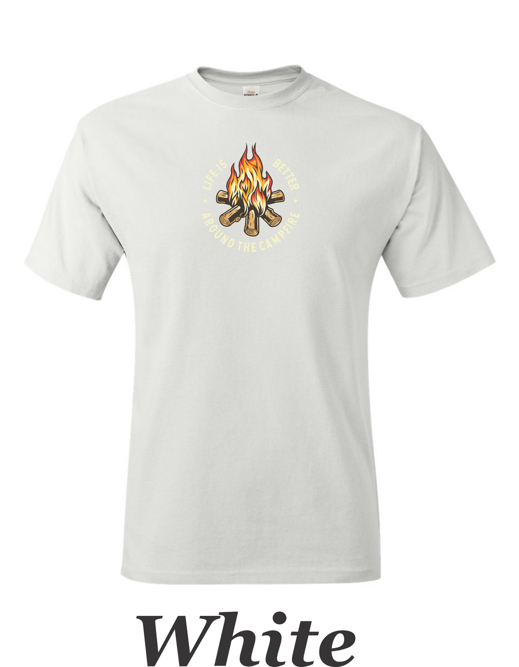 Color drawing of life is better around the campfire print on mens shirt.