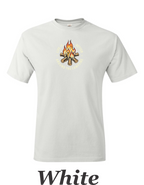 Color drawing of life is better around the campfire print on mens shirt.