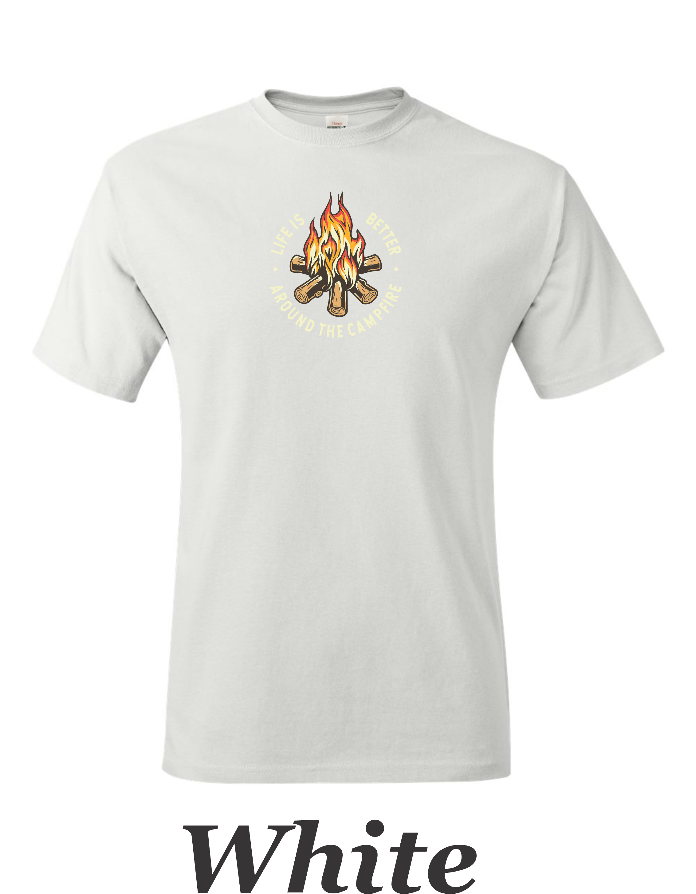 Color drawing of life is better around the campfire print on mens shirt.