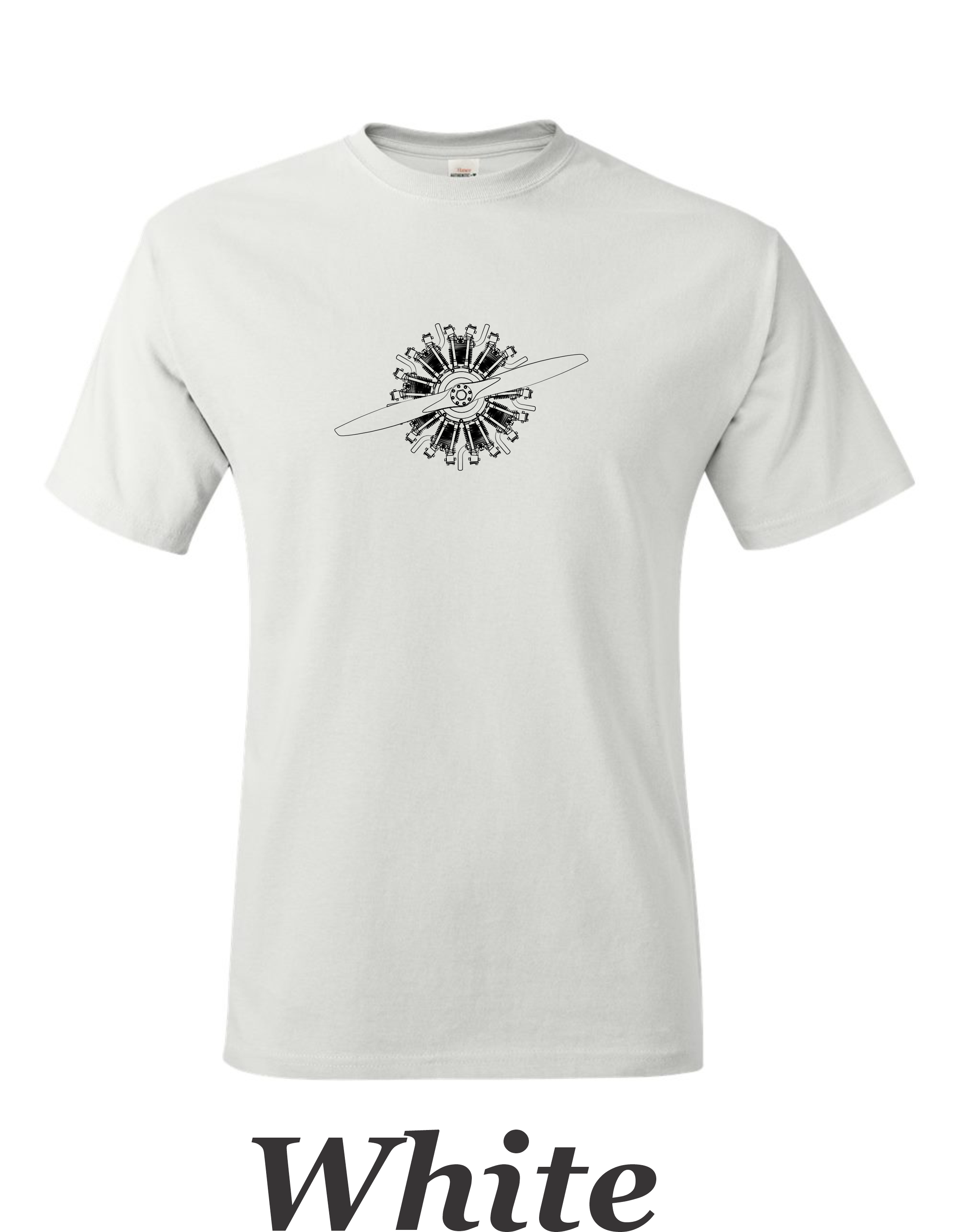 9 Cylinder Radial airplane engine with propeller printed on men's shirt. Free shipping