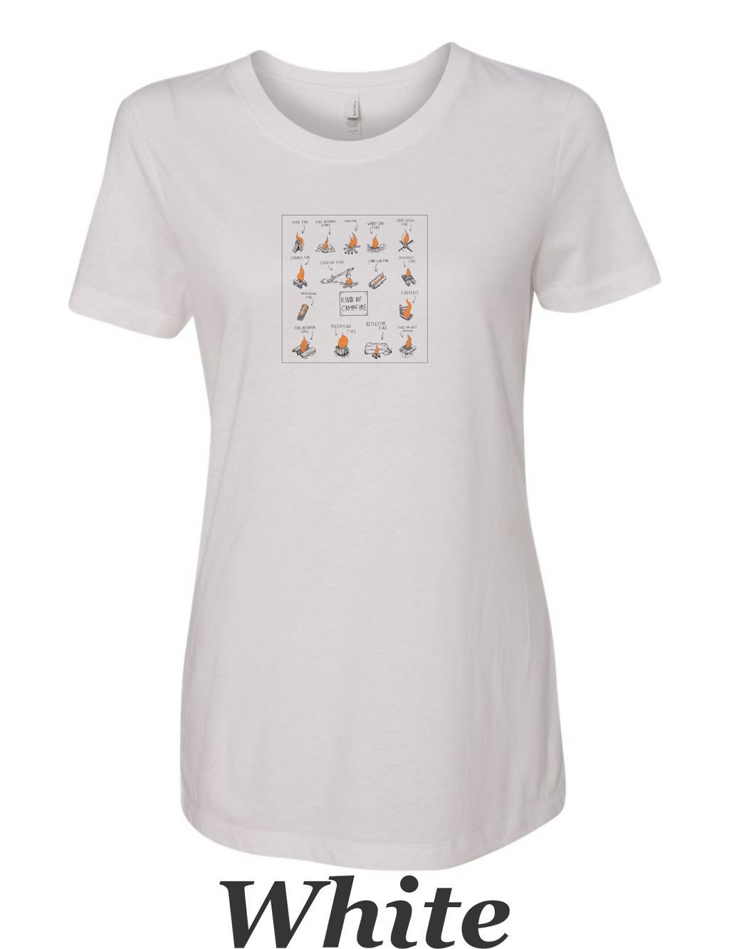 Types of campfires printed on women's shirt. Great camping shirt.