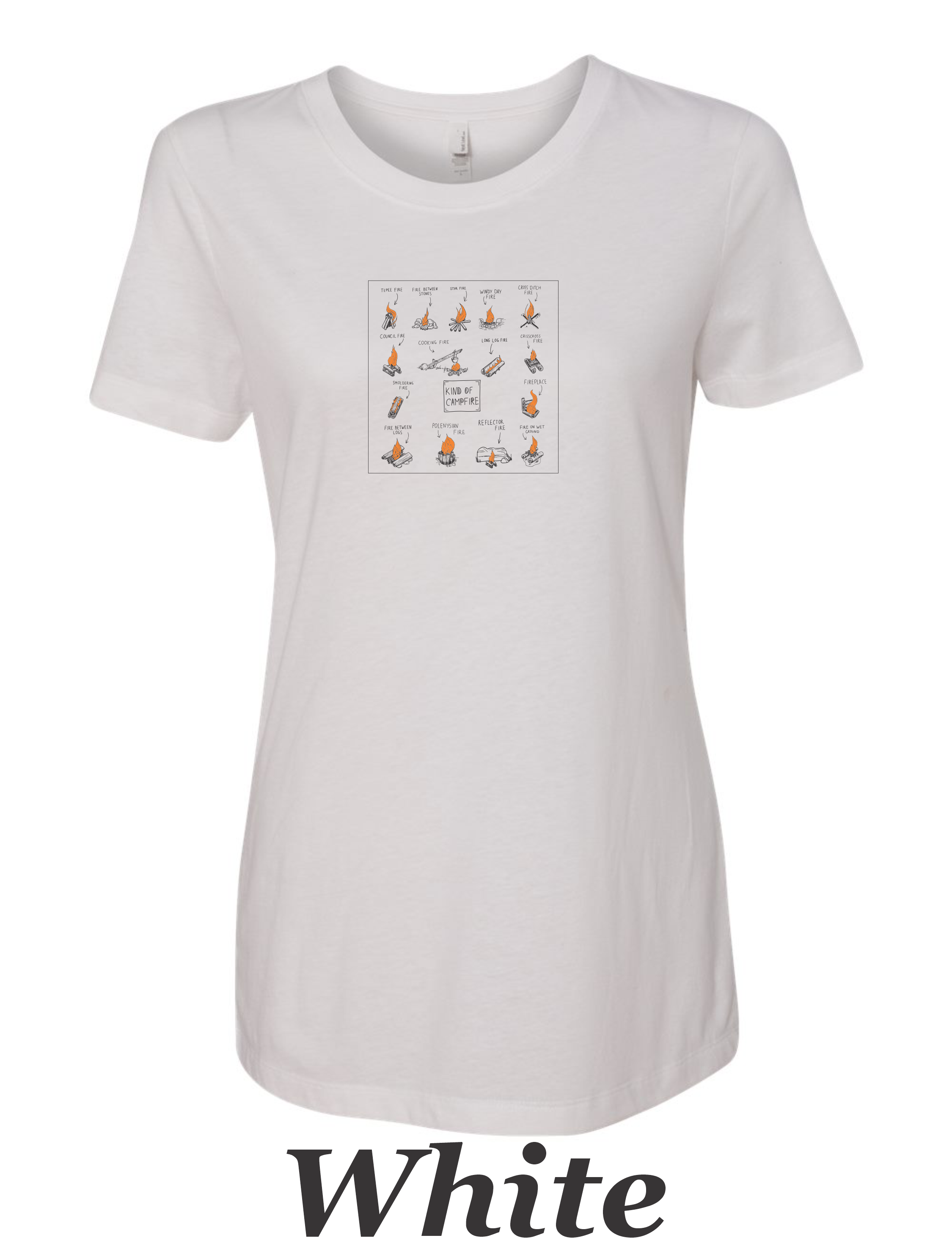 Types of campfires printed on women's shirt. Great camping shirt.