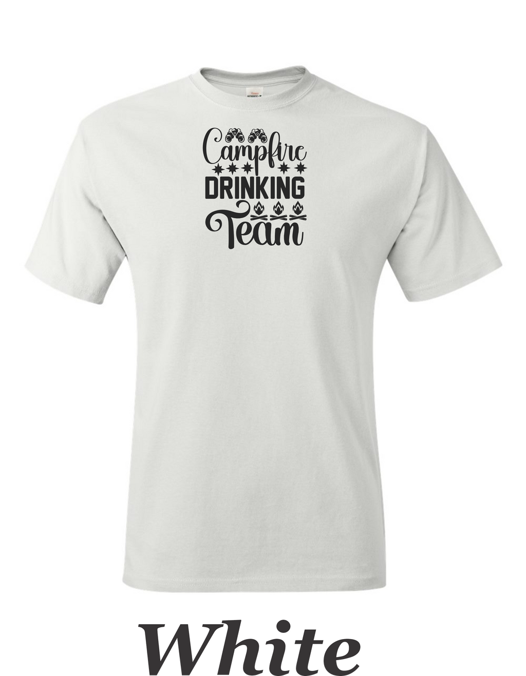 Campfire Drinking Team drawing printed on men's shirt.  Great Camping shirt for Him.