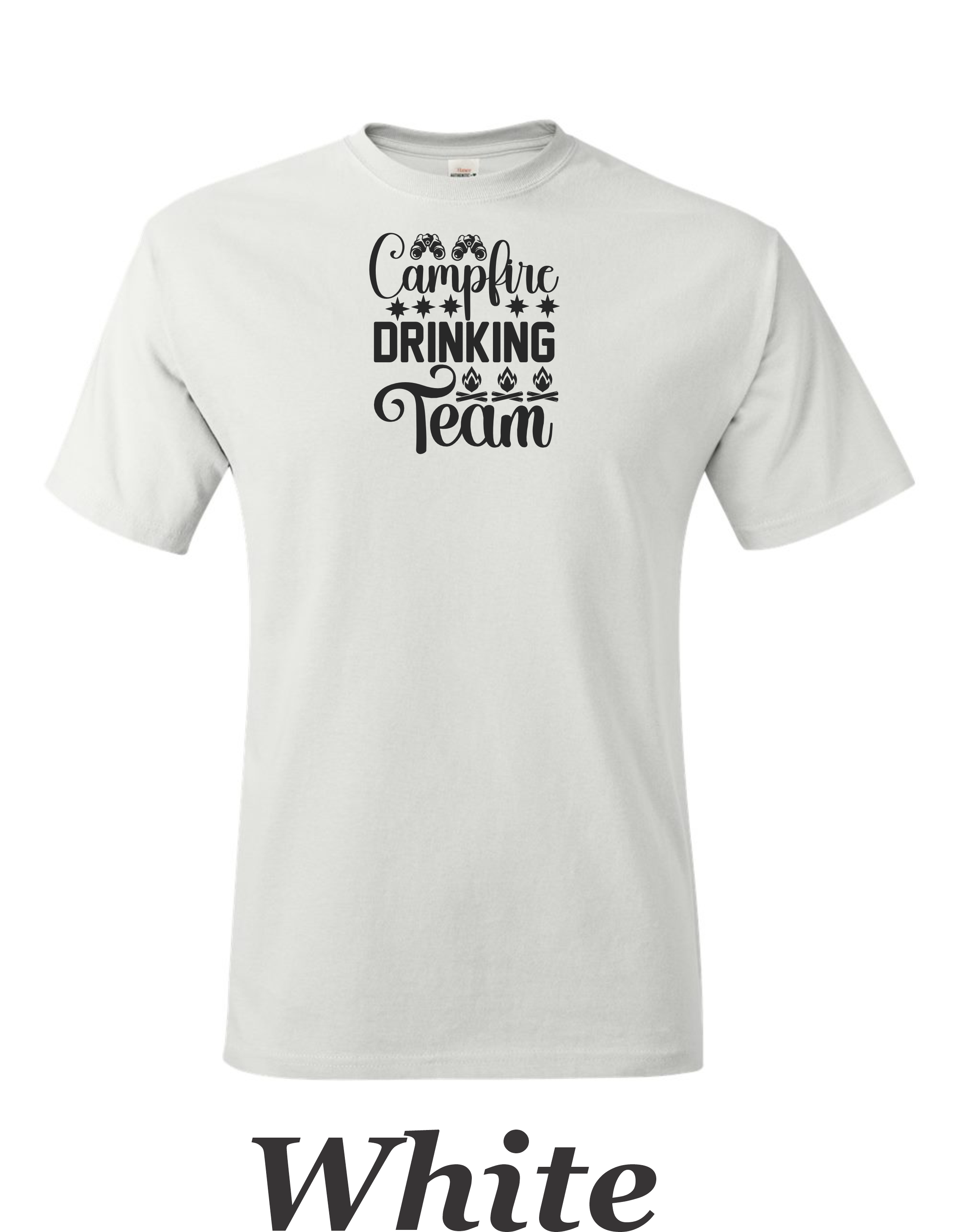 Campfire Drinking Team drawing printed on men's shirt.  Great Camping shirt for Him.