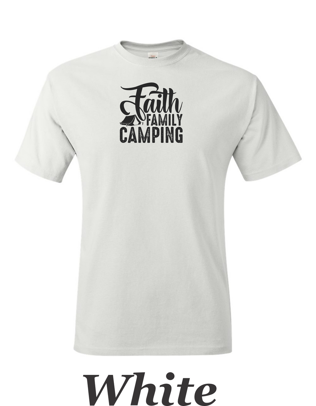 Faith Family Camping drawing on mens shirt.  Great shirt for family camping trips.