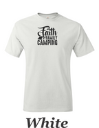 Faith Family Camping drawing on mens shirt.  Great shirt for family camping trips.