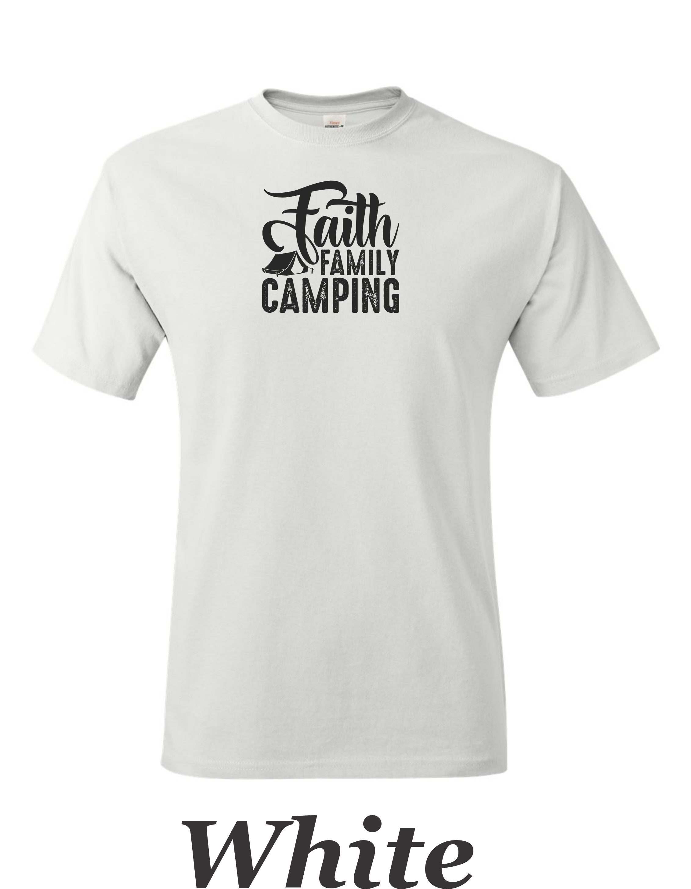 Faith Family Camping drawing on mens shirt.  Great shirt for family camping trips.