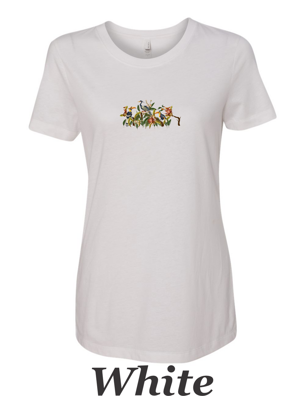 Toucan and bird pastel drawing printed on women's shirt. Great gift.