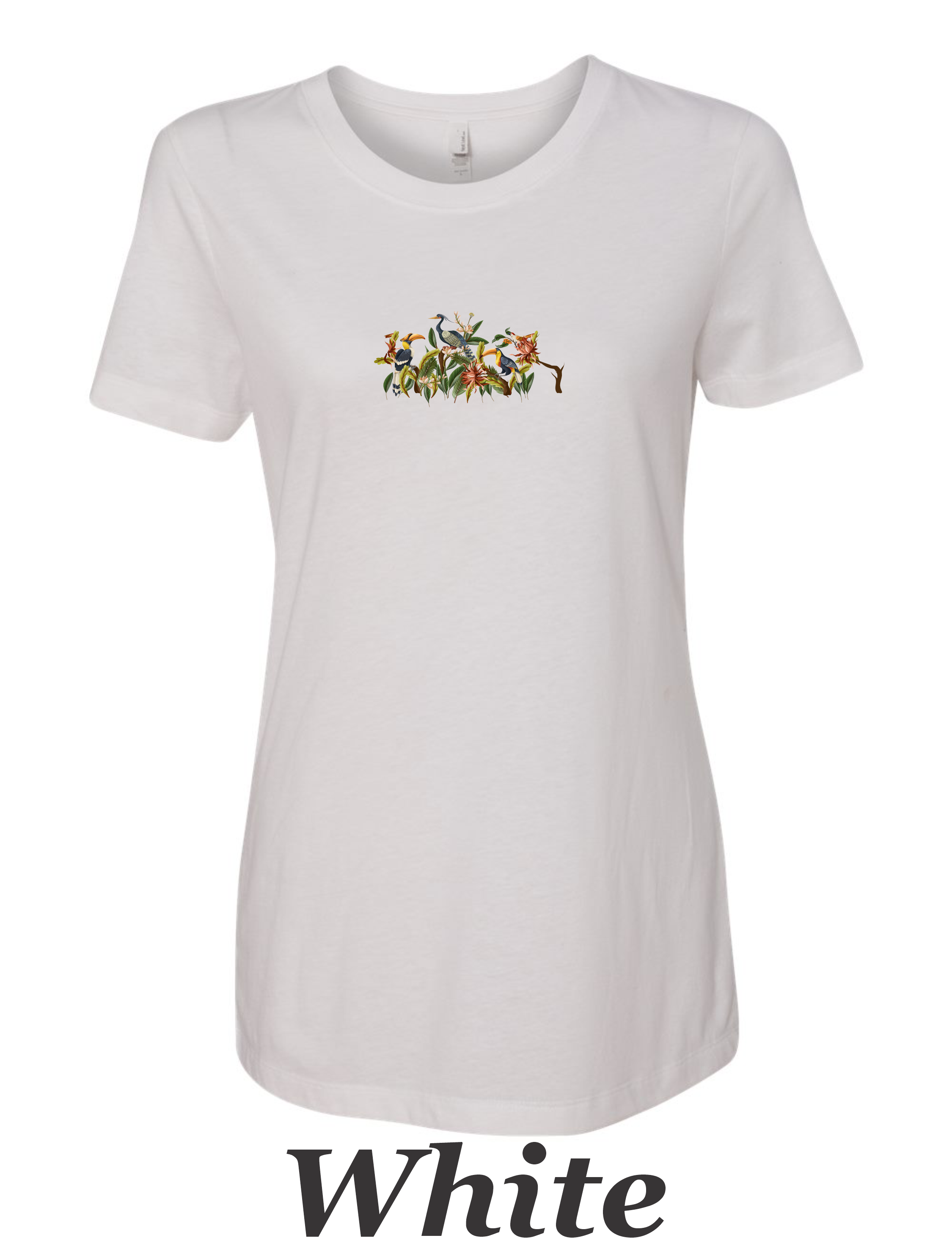 Toucan and bird pastel drawing printed on women's shirt. Great gift.