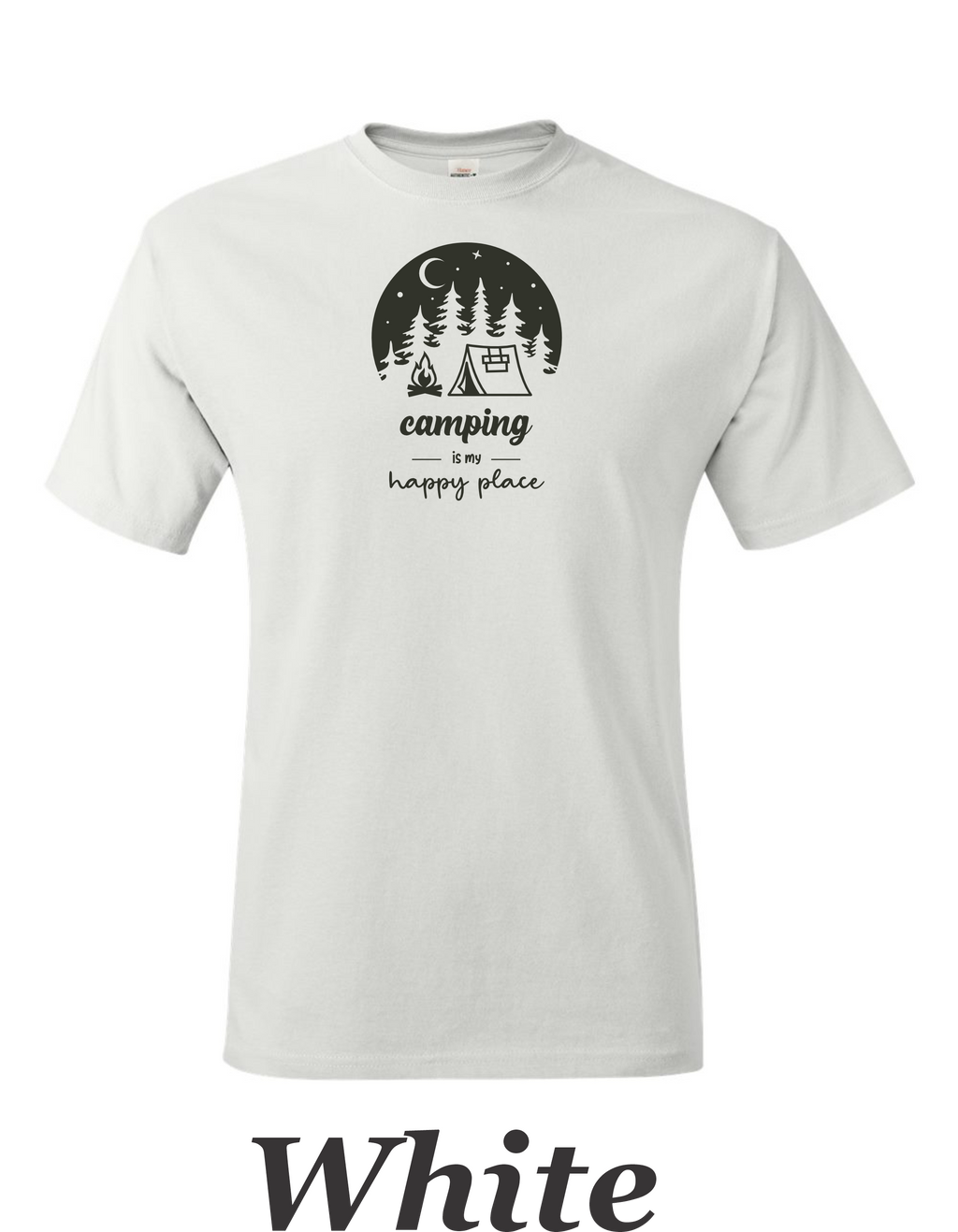 Camping is my happy place printed on mens shirt. Great gift for the weekend camper.