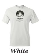 Camping is my happy place printed on mens shirt. Great gift for the weekend camper.