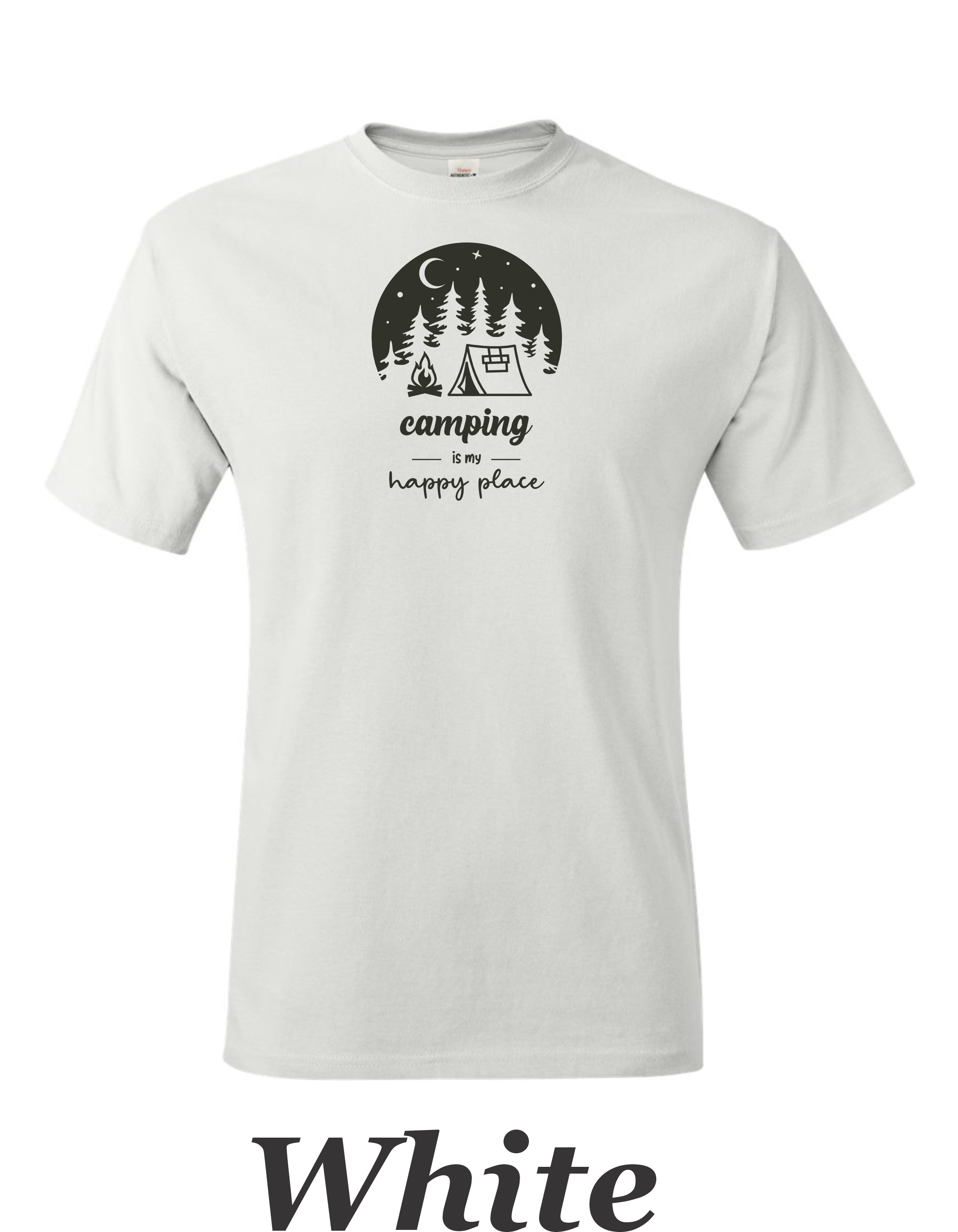 Camping is my happy place printed on mens shirt. Great gift for the weekend camper.