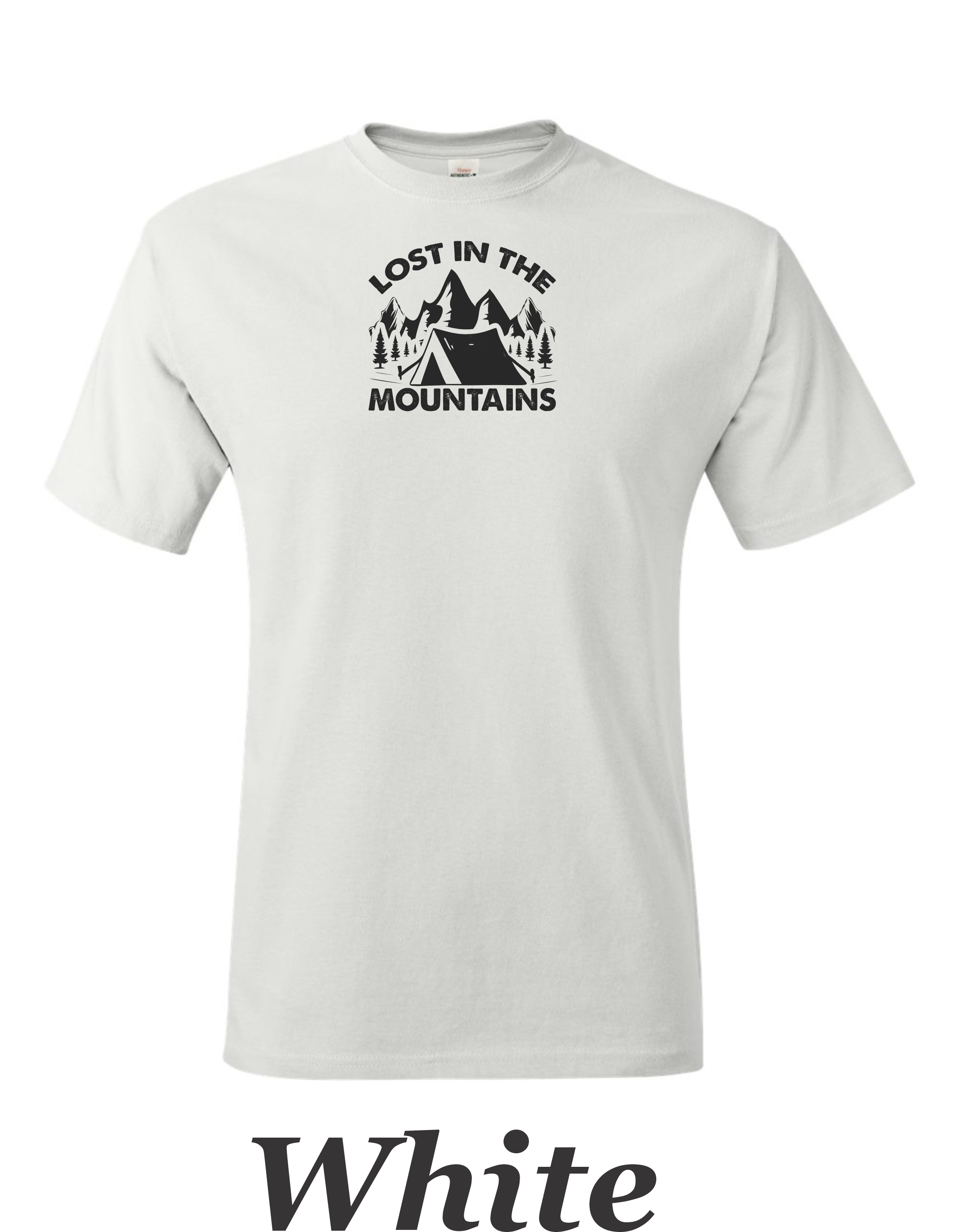 Lost in the Mountains print on mens shirt.  Camping and Hiking shirt.