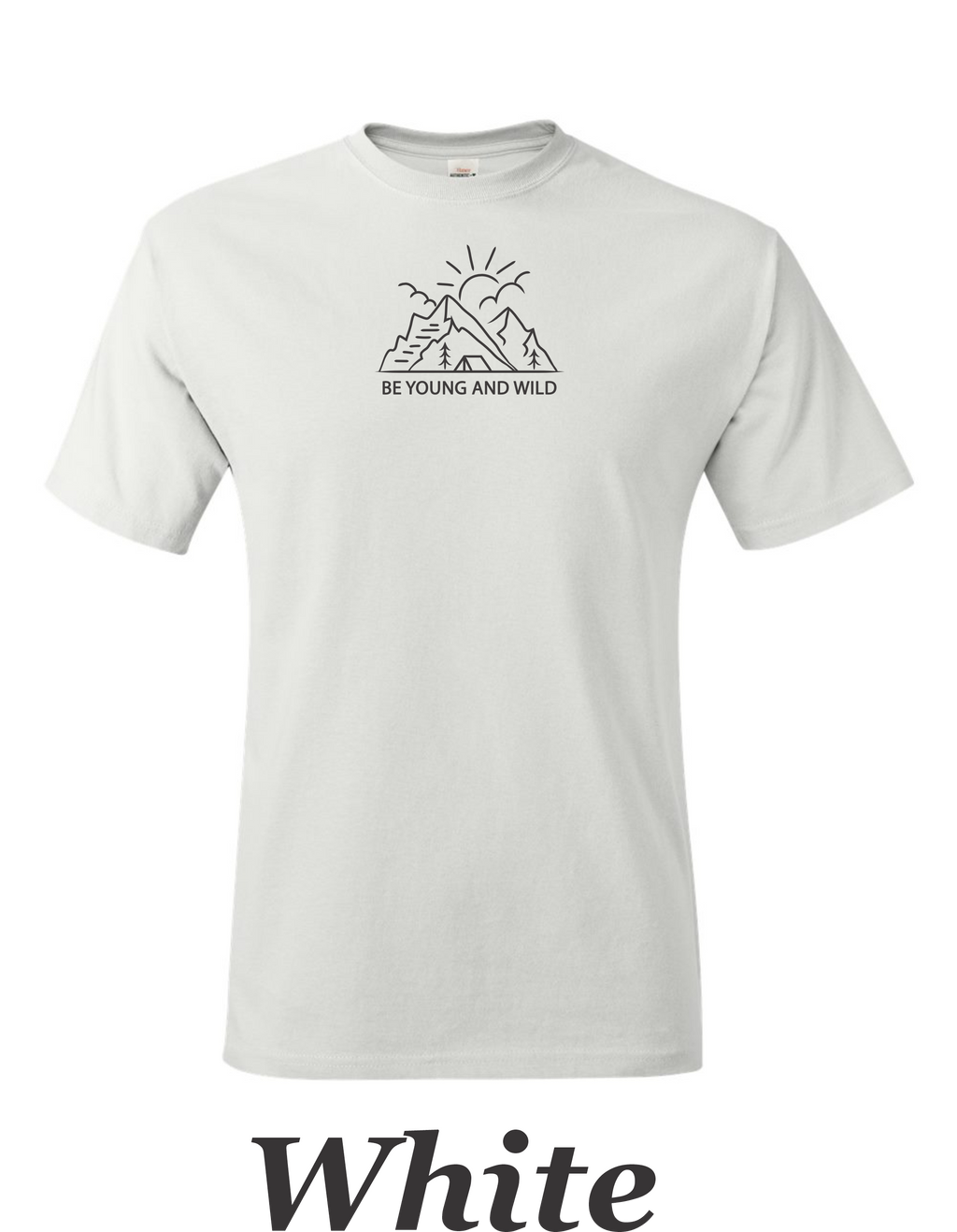 Be young and wild drawing on mens shirt.  Great gift for the hiker.