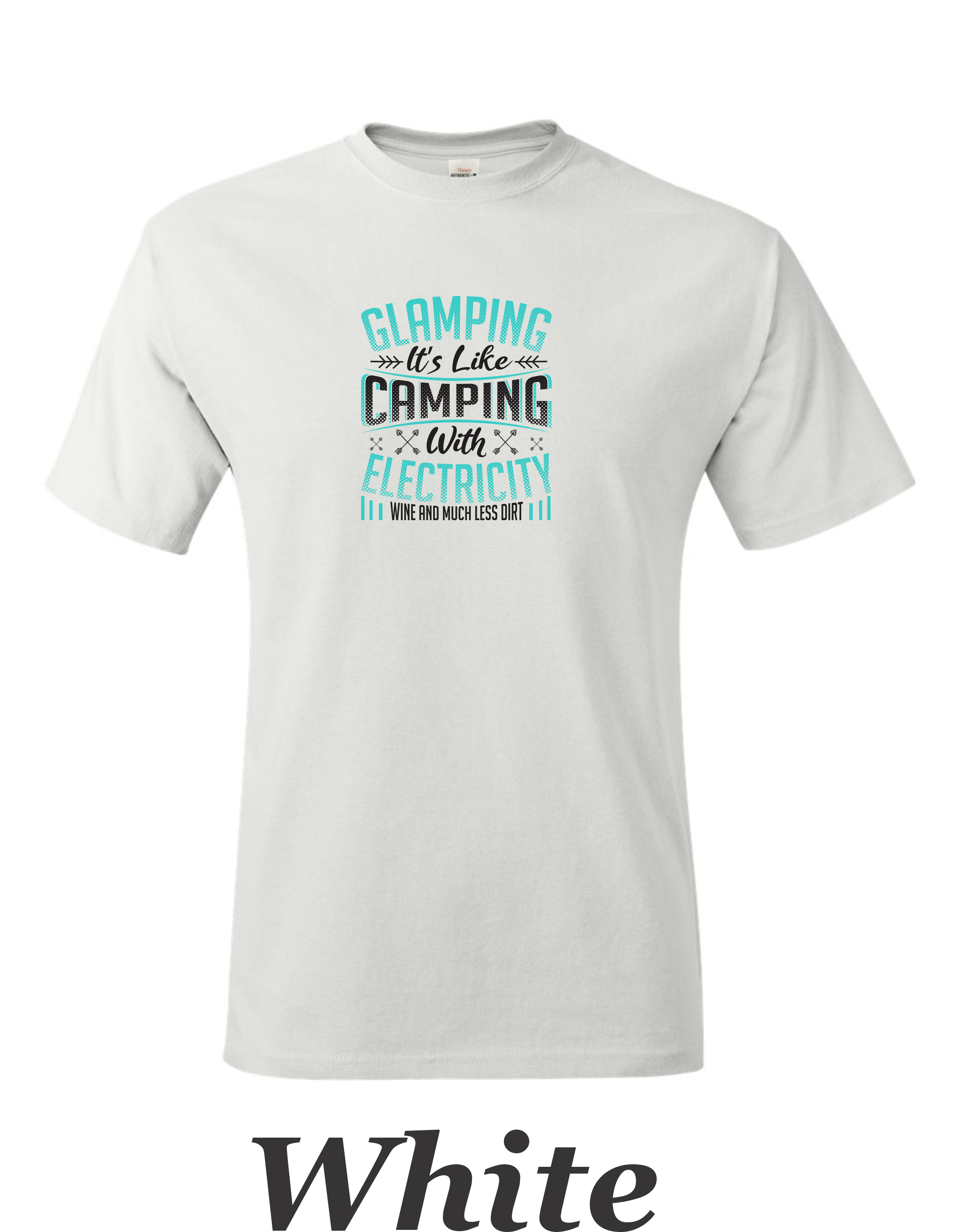 Glamping is like camping but with electricity and wine printed on mens shirt.