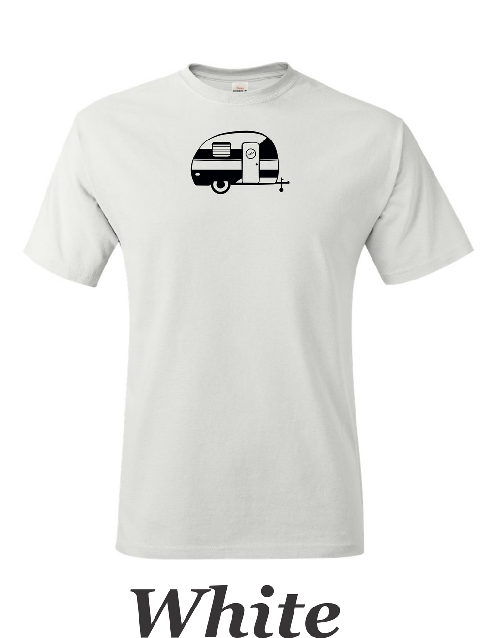 Canned Ham 50-60's trailer drawing print on mens shirt.  Great gift for Shasta trailer fan.