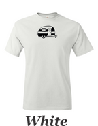 Canned Ham 50-60's trailer drawing print on mens shirt.  Great gift for Shasta trailer fan.