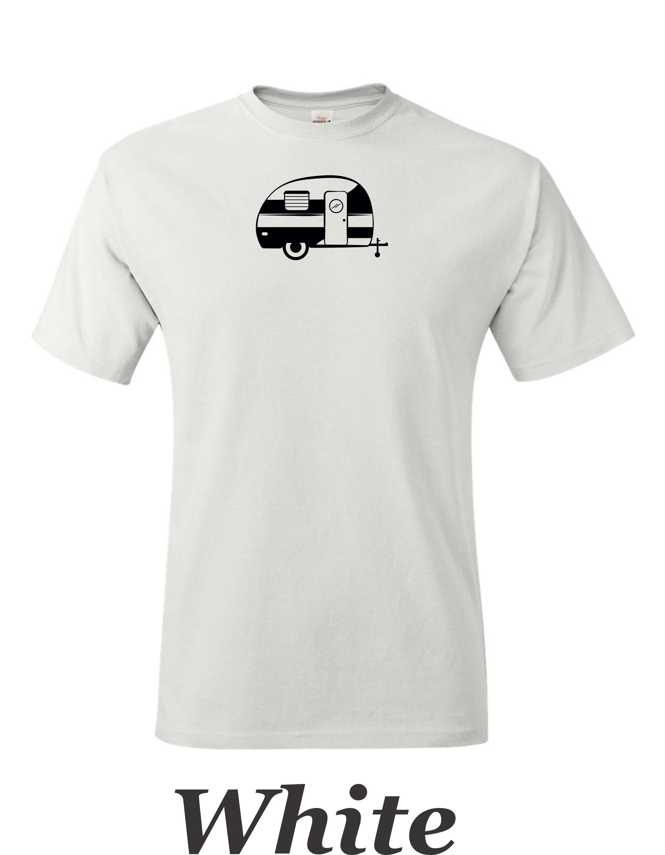 Canned Ham 50-60's trailer drawing print on mens shirt.  Great gift for Shasta trailer fan.