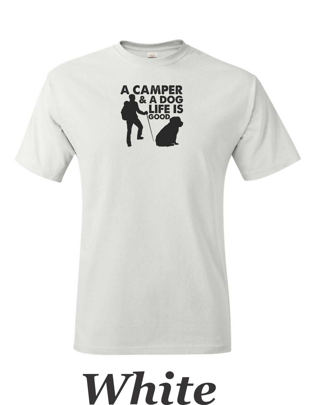 Camper and a dog, Life is good print on mens shirt. Gift for him