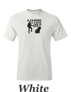 Camper and a dog, Life is good print on mens shirt. Gift for him