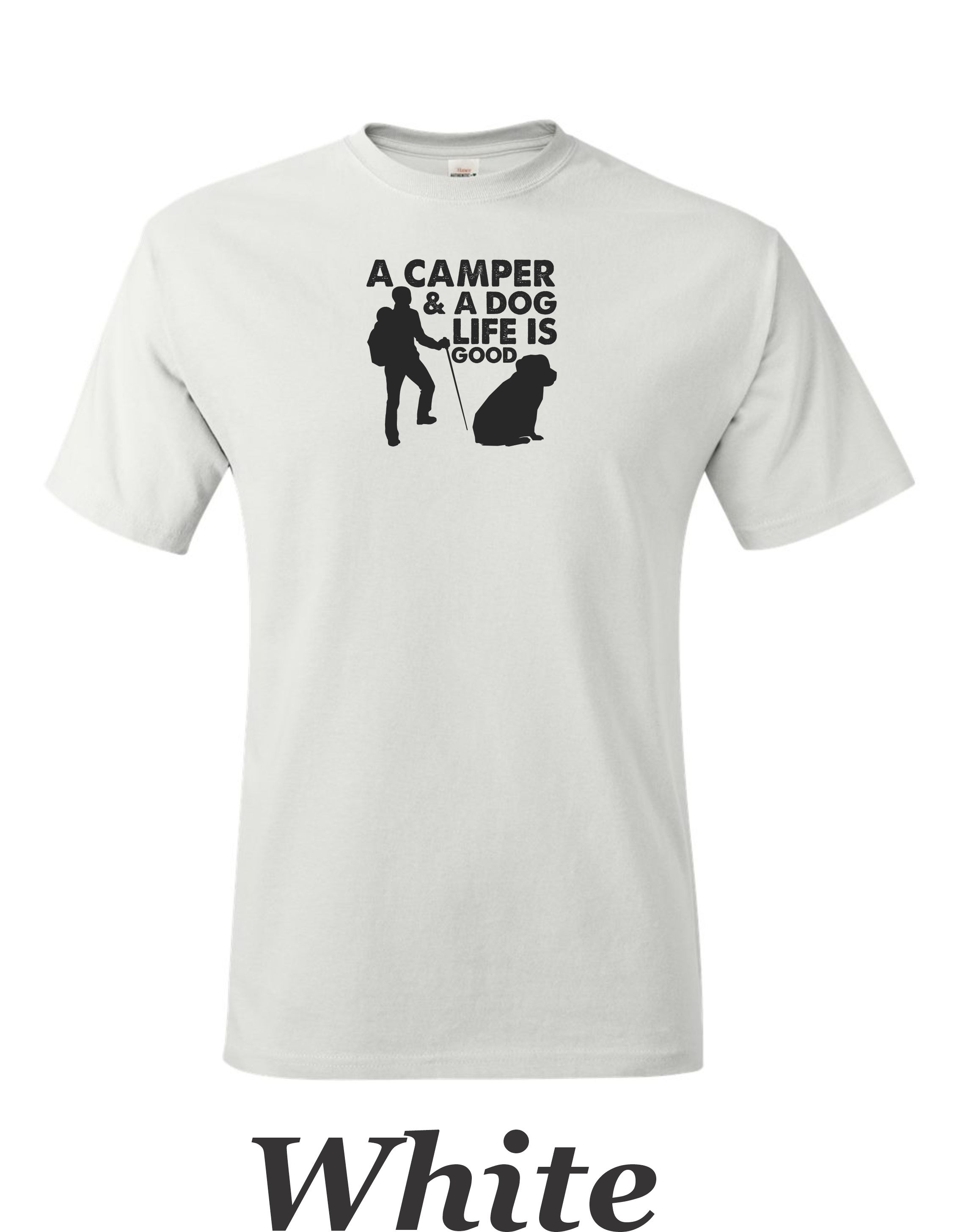 Camper and a dog, Life is good print on mens shirt. Gift for him