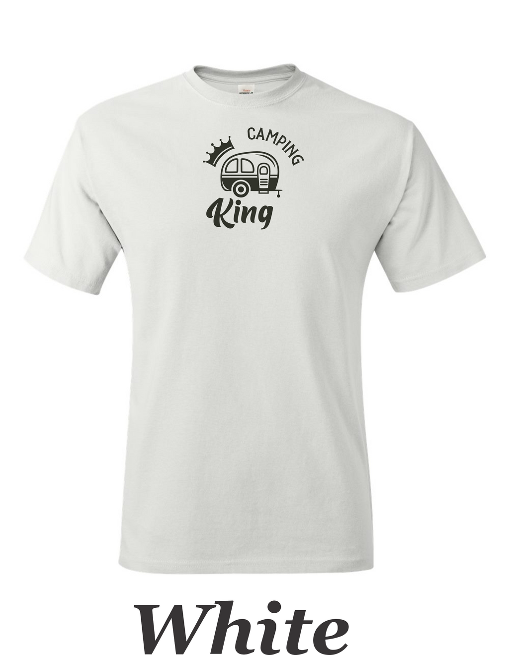 Camping King drawing printed on mens shirt.  Great camping gift for him.