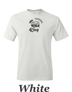 Camping King drawing printed on mens shirt.  Great camping gift for him.