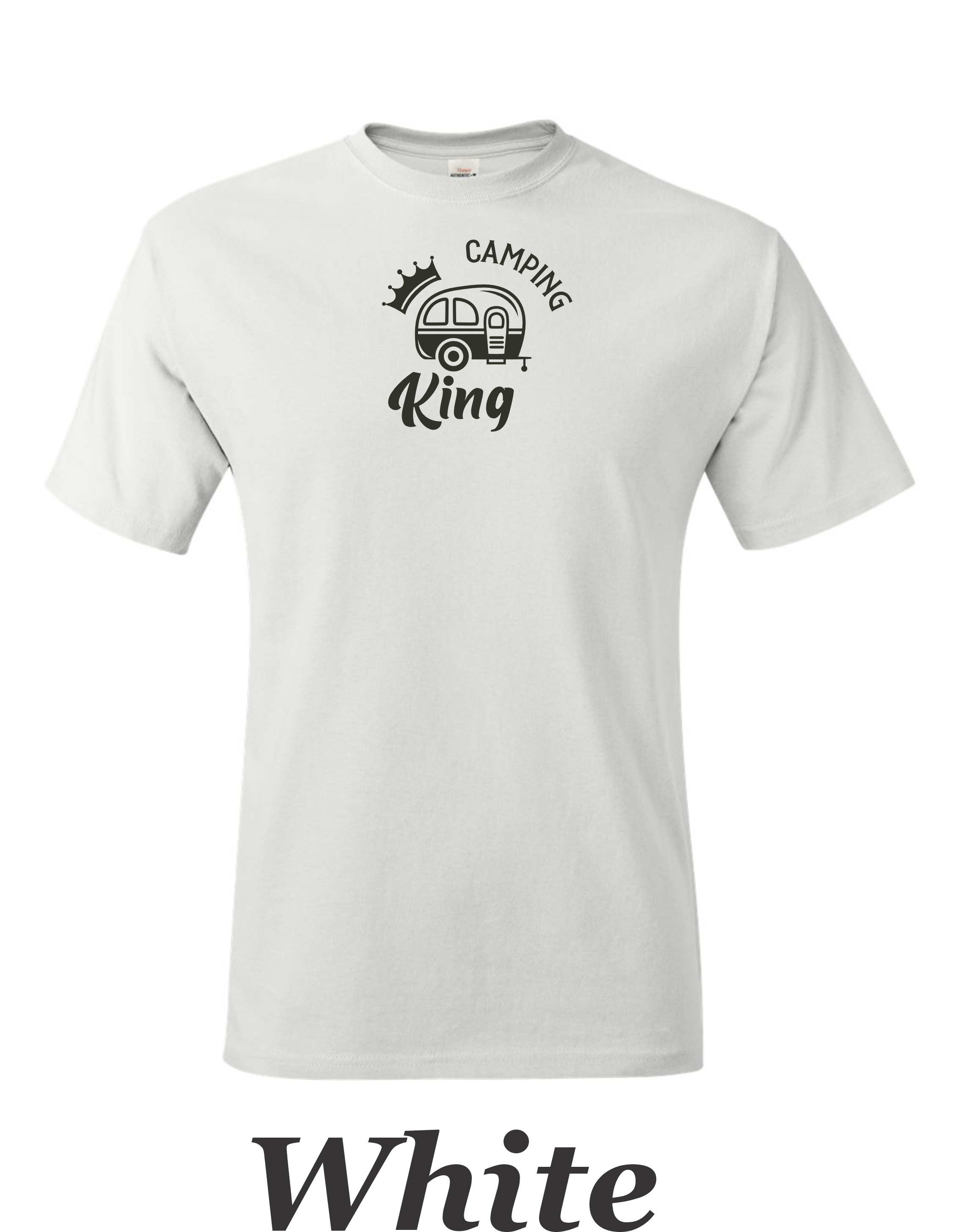 Camping King drawing printed on mens shirt.  Great camping gift for him.
